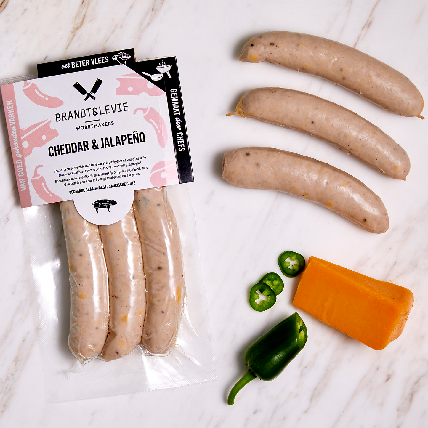 Brandt & Levie - eet beter vlees - goed gehouden varkens - culinair - gegaarde worst -verse worst - bbq worst - bqq spies - bbq - varkensworst - cheddar - jalapeño