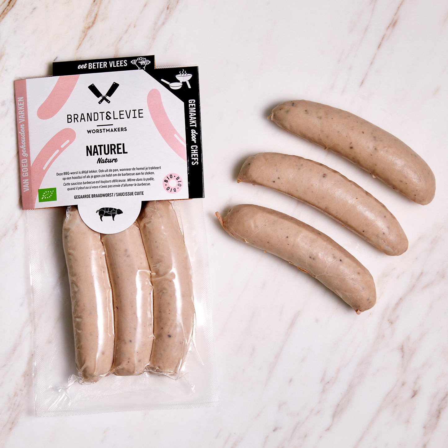 Brandt & Levie - bbq worst - bbq box - eet beter vlees - goed gehouden varkens - bbq spies - naturel - bbq - varkens worst - pink label