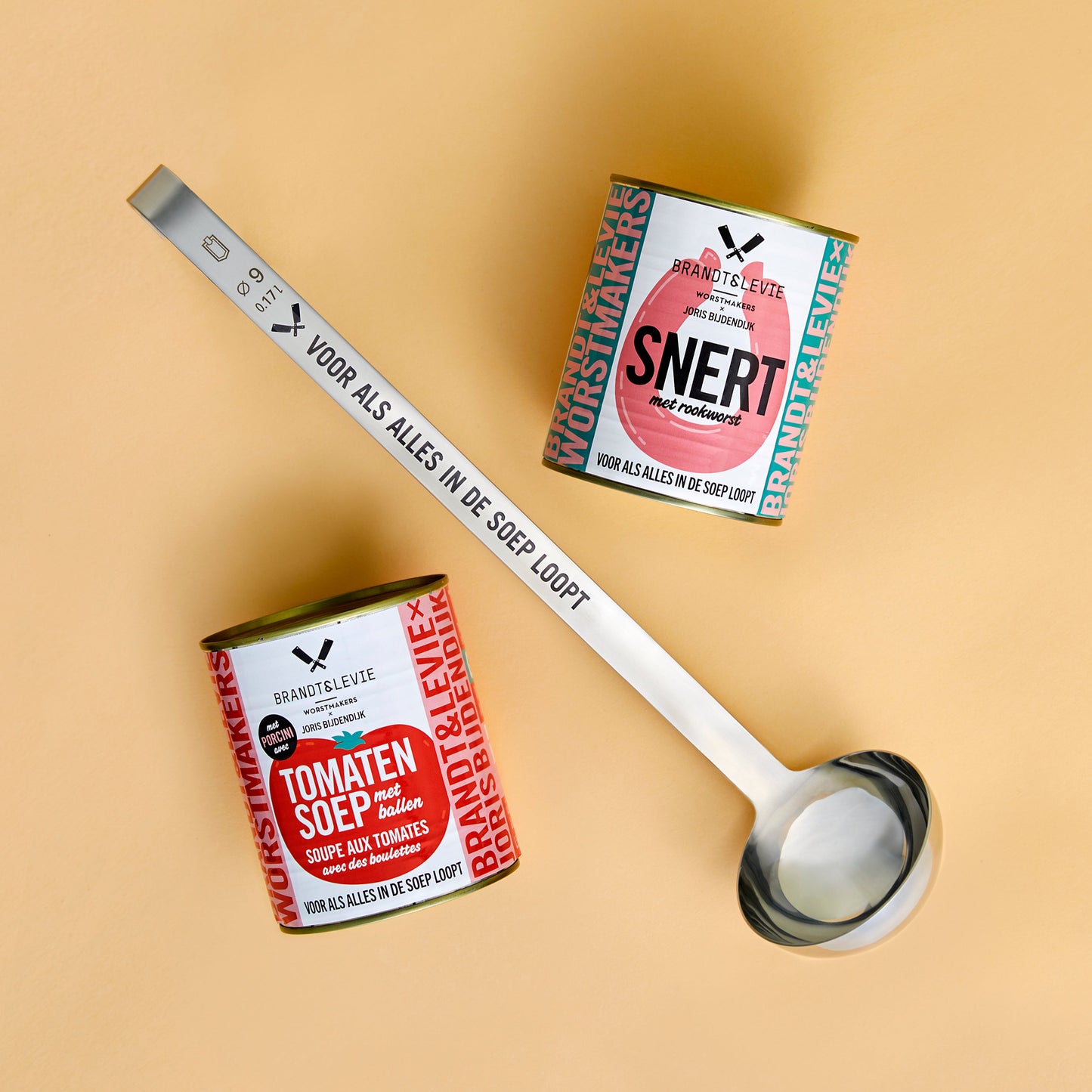 Brandt & Levie - eet beter vlees - goed gehouden varkens - WORST - SOEP -soeplepel - blik - kant-en-klaar - SNERT - TOMATENSOEP