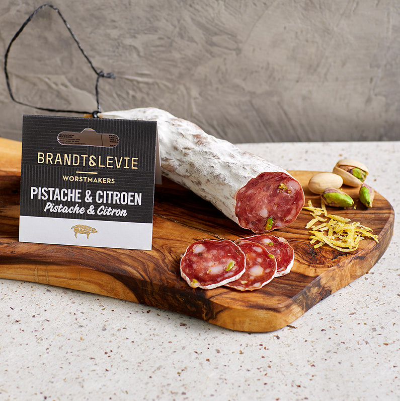 Brandt & Levie - eet beter vlees - goed gehouden varkens - droge worst - gold label - droge worst pakket - droge worst box - varkens worst - pistache - citroen