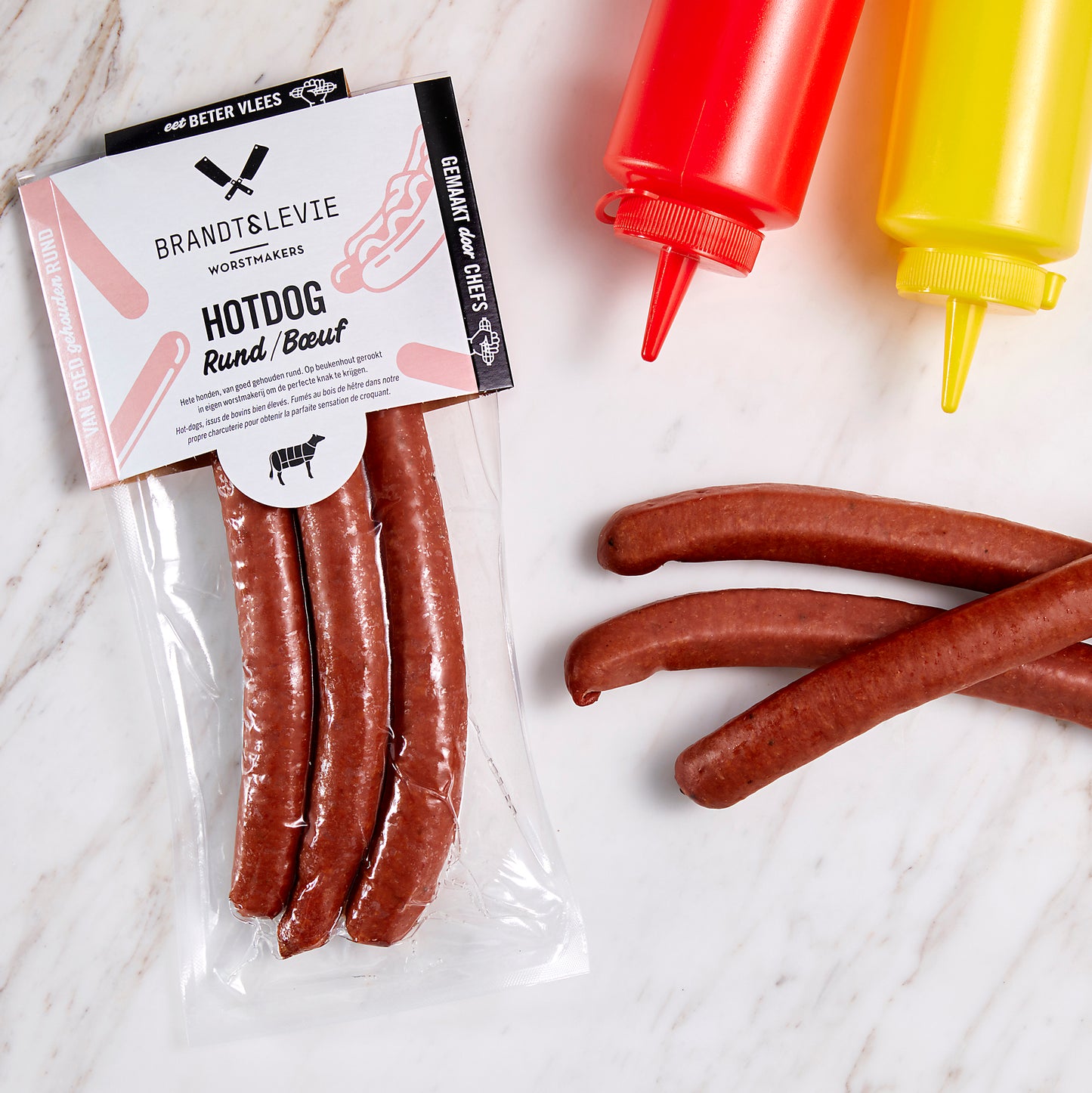 Brandt & Levie - eet beter vlees - goed gehouden varkens - culinair - gegaarde worst - knakworst - hotdog - pink label - rund worst