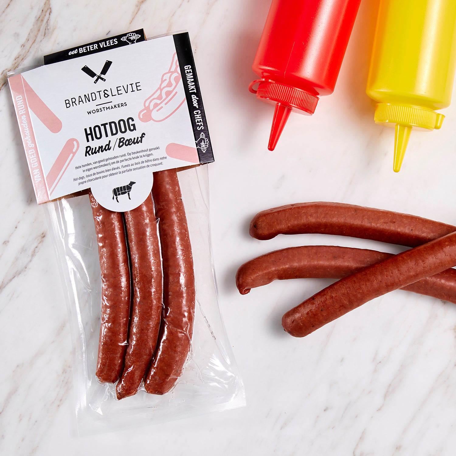 Brandt & Levie - eet beter vlees - goed gehouden varkens - culinair - gegaarde worst - knakworst - hotdog - pink label - rund worst