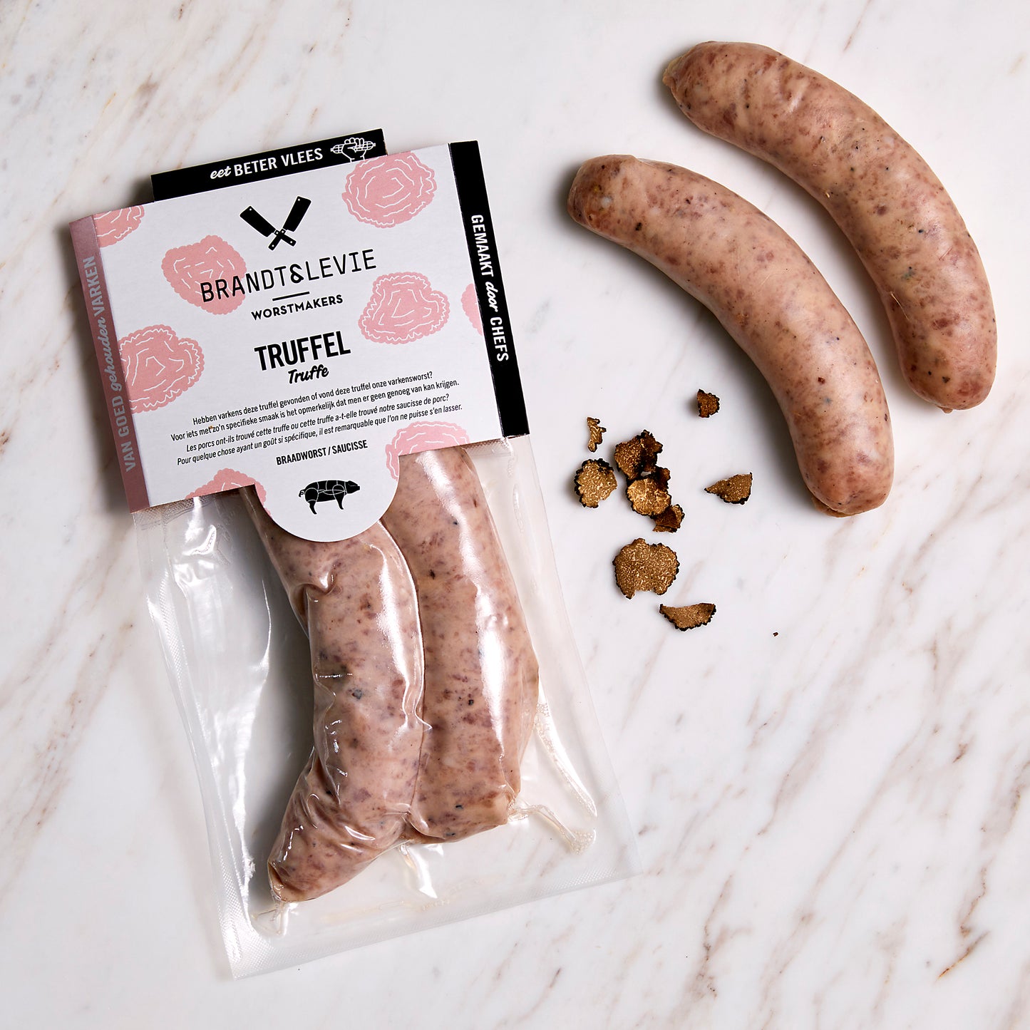 Brandt & Levie - eet beter vlees - goed gehouden varkens - verse worst - saucisson - pink label - gold label - braadworst - bbq worst - varkens worst - truffel