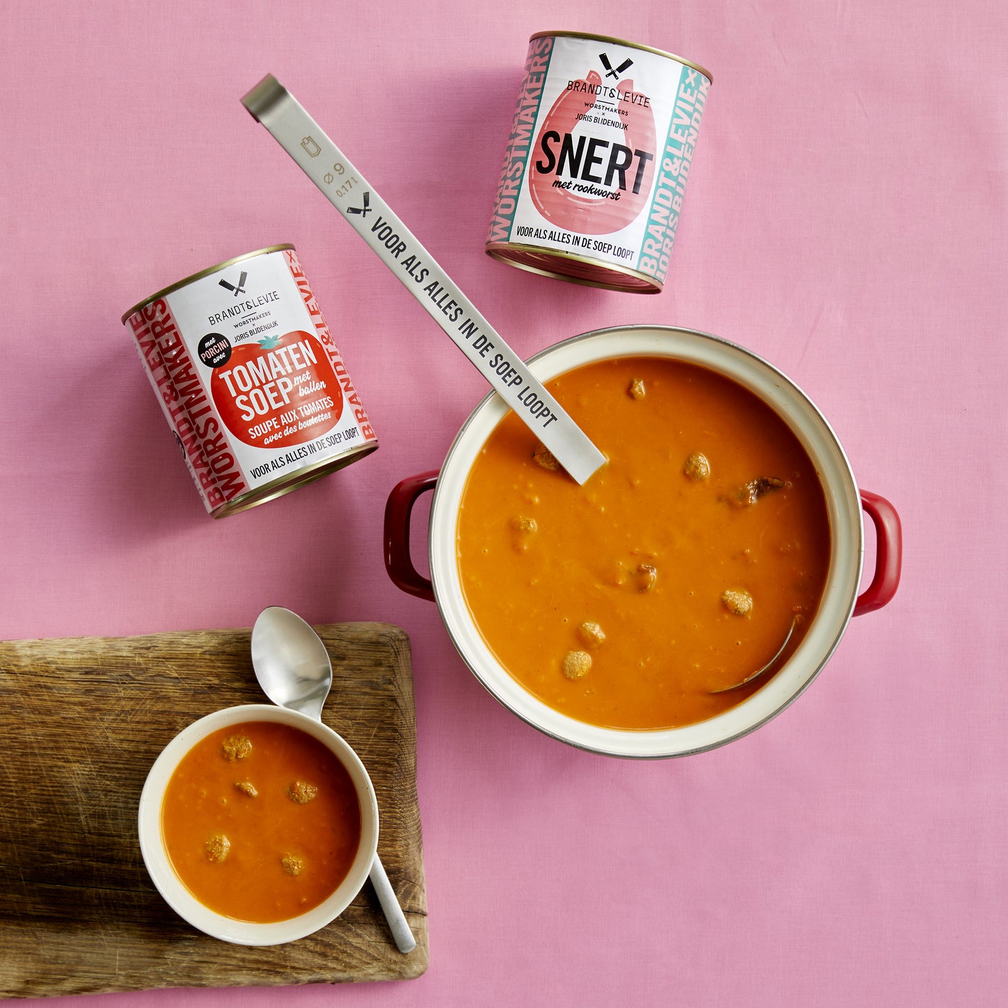 Brandt & Levie - eet beter vlees - goed gehouden varkens - WORST - SOEP -soeplepel - blik - kant-en-klaar - SNERT - tomatensoep