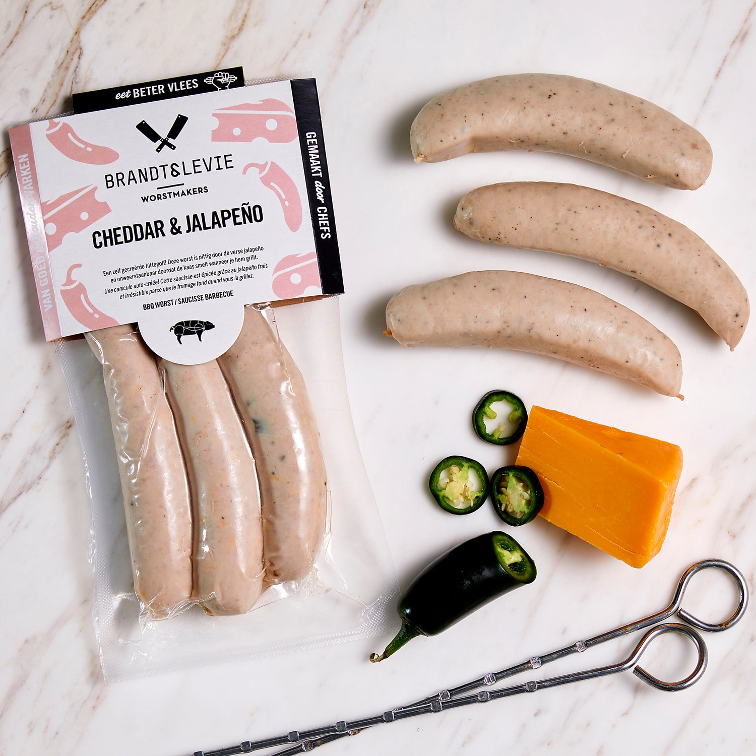 Brandt & Levie - bbq worst - bbq box - eet beter vlees - goed gehouden varkens - cheddar & jalapeño - bbq spies - cheddar - jalapeño