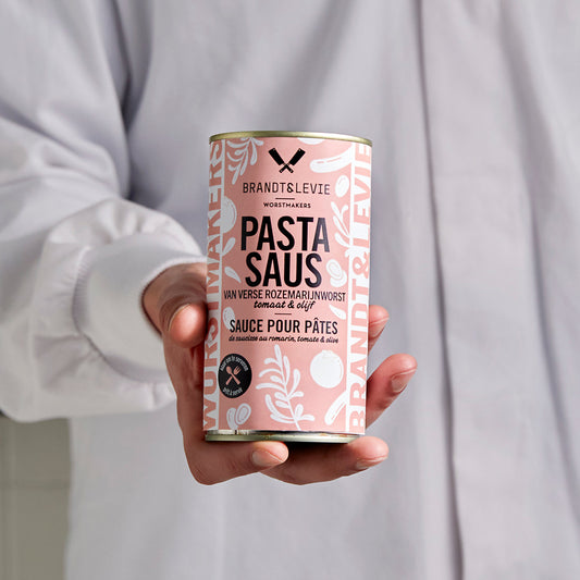 Brandt & Levie - eet beter vlees - goed gehouden varkens - pink label - pastasaus - ragu - bolognese - kant en klaar - culinair - rozemarijnworst - tomatensaus - blik