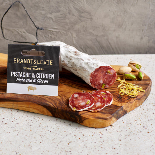 Brandt & Levie - eet beter vlees - goed gehouden varkens - droge worst - gold label - droge worst pakket - droge worst box - varkens worst - pistache - citroen