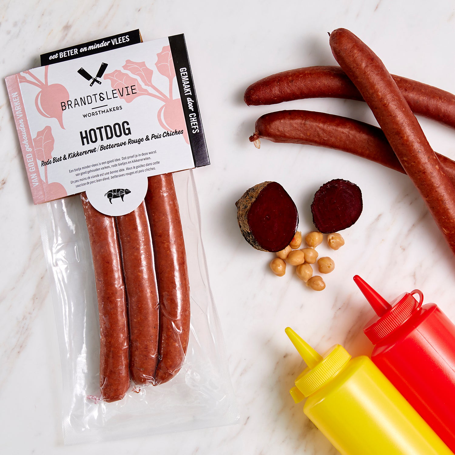 Brandt & Levie - eet beter vlees - goed gehouden varkens - culinair - gegaarde worst - knakworst - bbq worst - bqq spies - hotdog - varkensworst - hybride worst - rode biet - kikkererwt - bbq